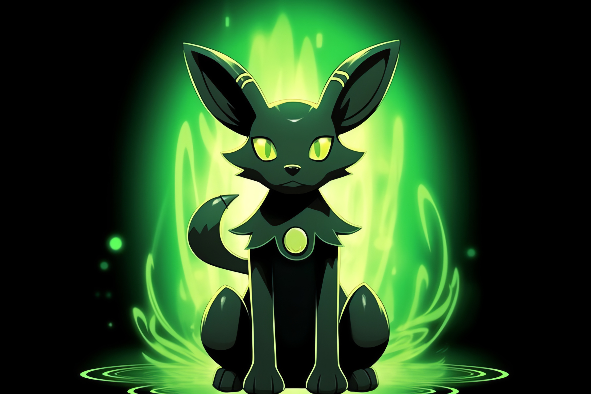 Dark-type Pokemon Umbreon, Midnight pelt, Luminous circlets, Gleaming scarlet gaze, Assertive stance, HD Desktop Image