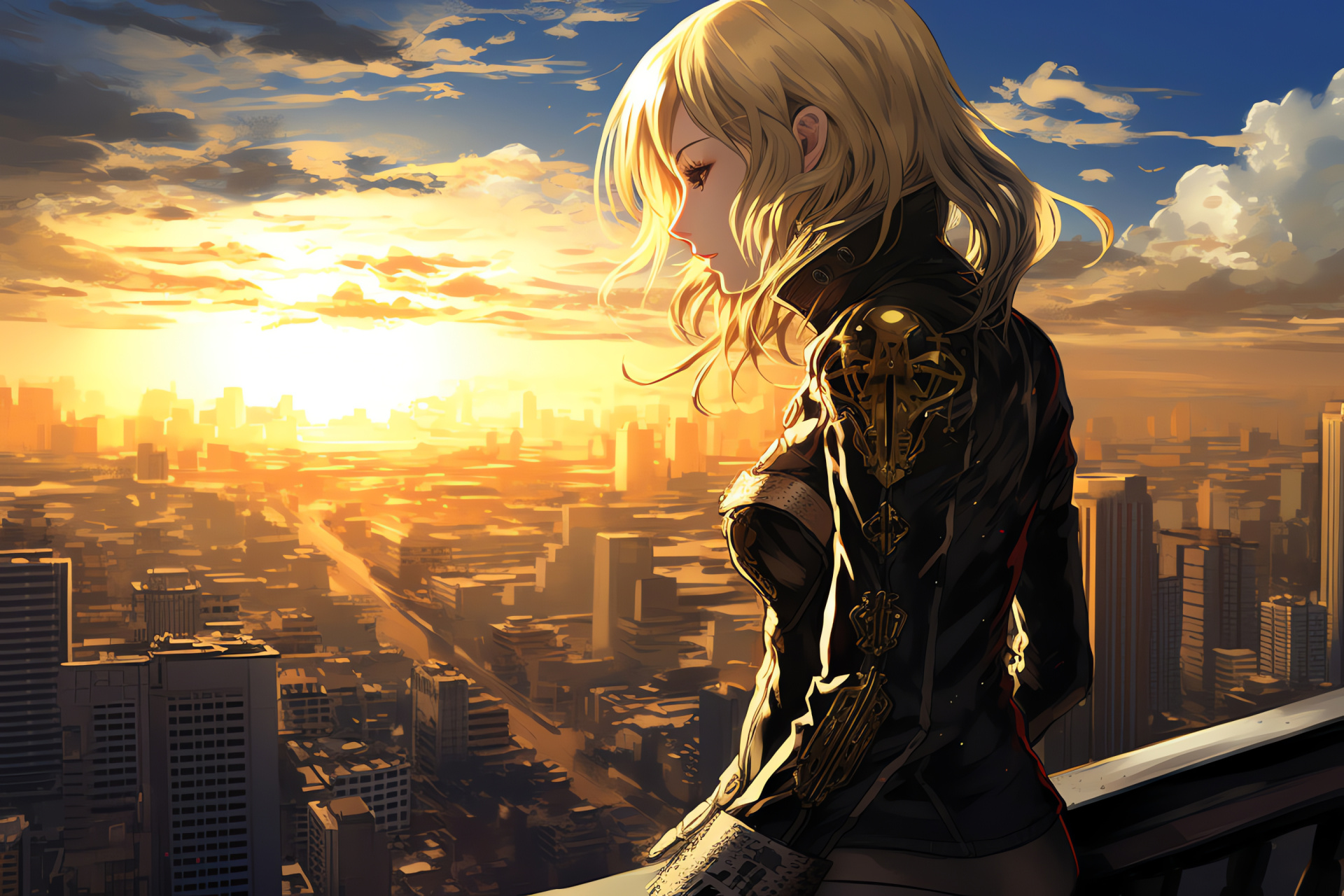Aigis, Golden-hour backdrop, Skyscraper silhouette, Metallic structure reflection, Sunset ambiance, HD Desktop Wallpaper