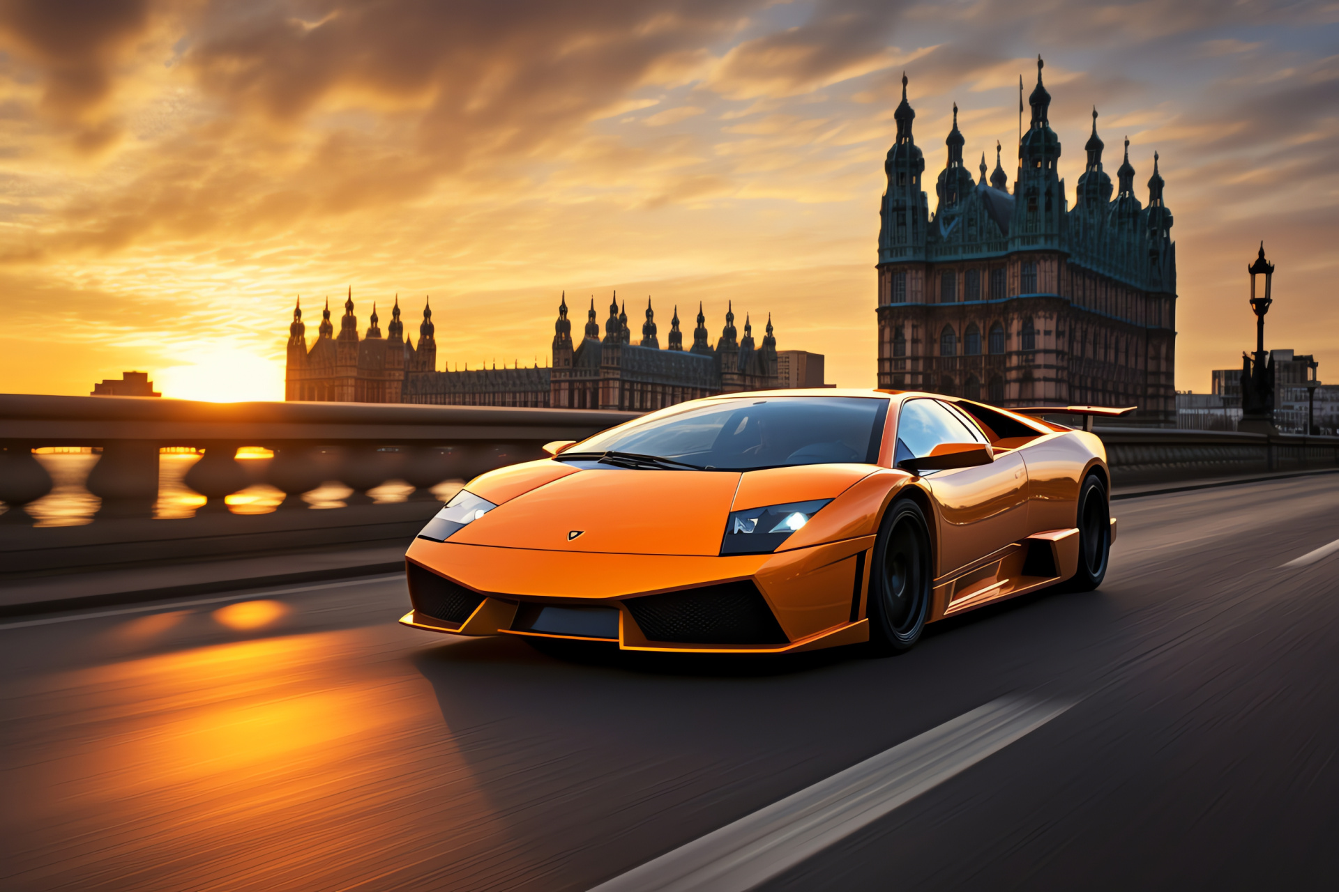 Lamborghini Murcielago LP670-4 SuperVeloce, London streets, British iconic landmarks, Tower Bridge sighting, Parliament architecture, HD Desktop Image