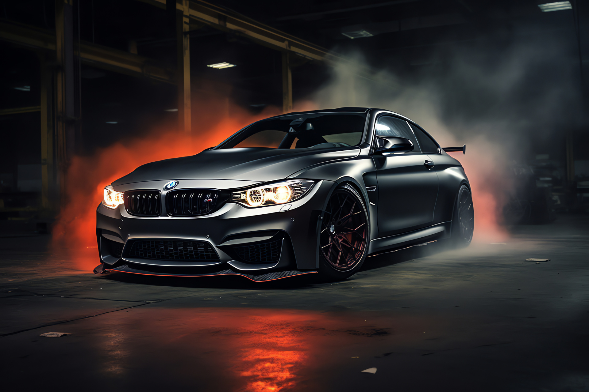 BMW M4 stance, German engineering, High-adrenaline motorsport, Tire burnout, Garage scene, HD Desktop Wallpaper