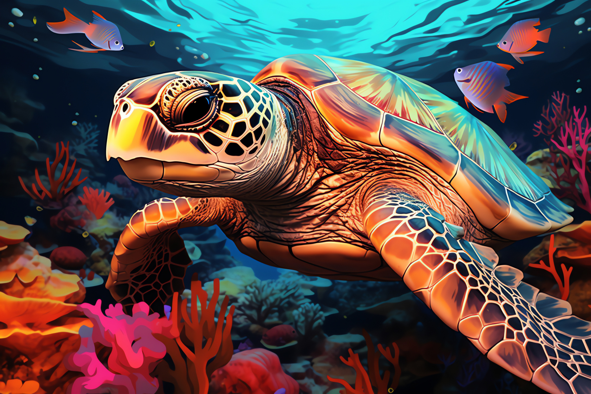 Tropical tortoise, warm gaze, ornate carapace, terrestrial colors, radiant light, HD Desktop Image