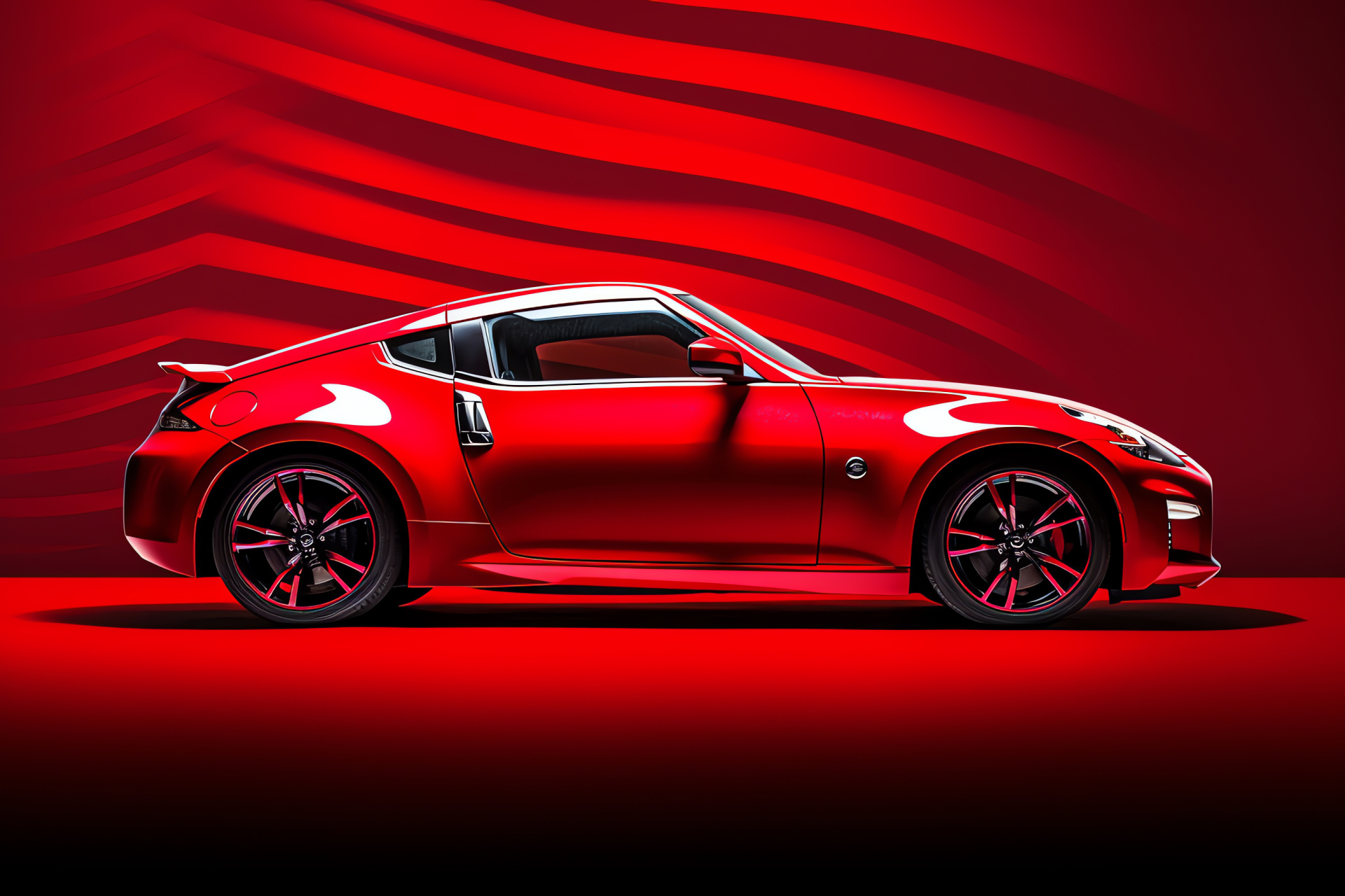 Nissan 370Z showcase, powerful sports car, automotive studio shot, vibrant presentation, striking car lines, HD Desktop Image