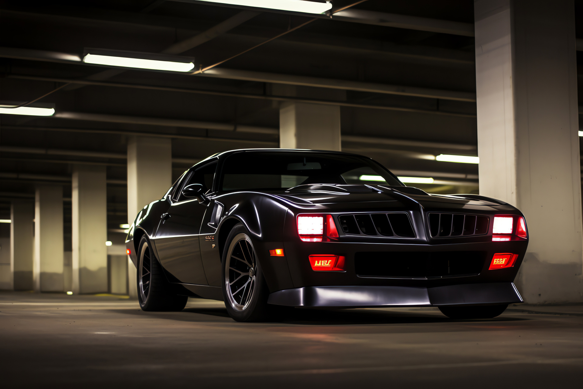 Pontiac Firebird Trans Am WS6, Performance muscle car, Low-light car photography, Bold black finish, Red highlights, HD Desktop Wallpaper