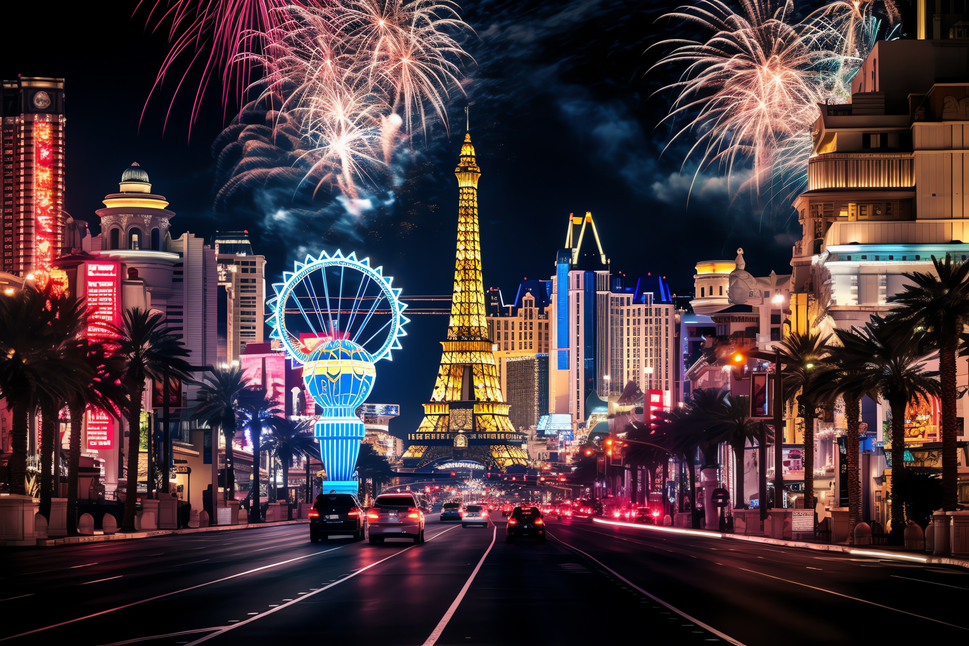 Las Vegas, New Year's Eve, The Strip, Explosive fireworks, Vibrant neon, HD Desktop Image