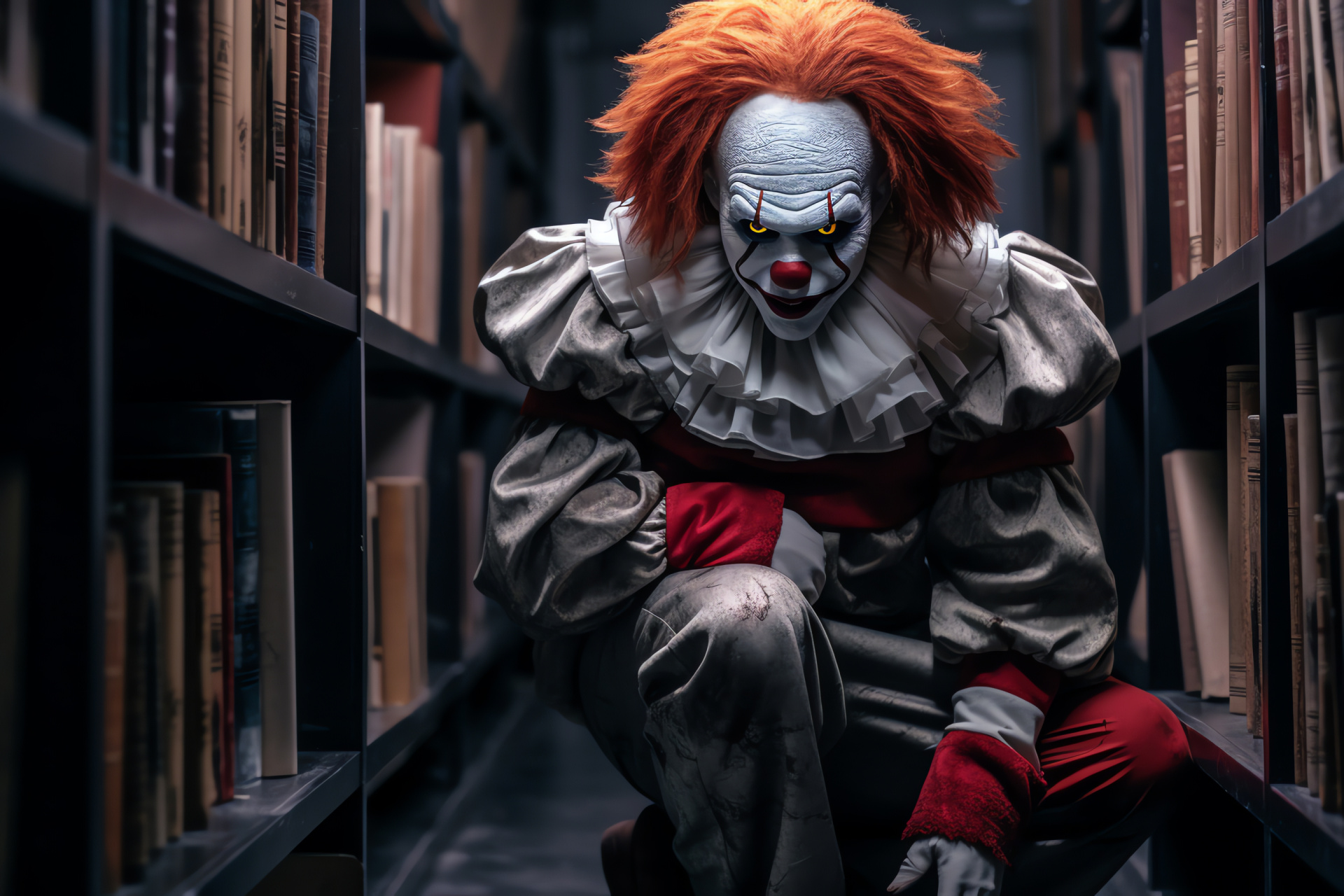 Pennywise portrayal, Horror film scene, Library antiquities, Ominous makeup, Clown wig, HD Desktop Image