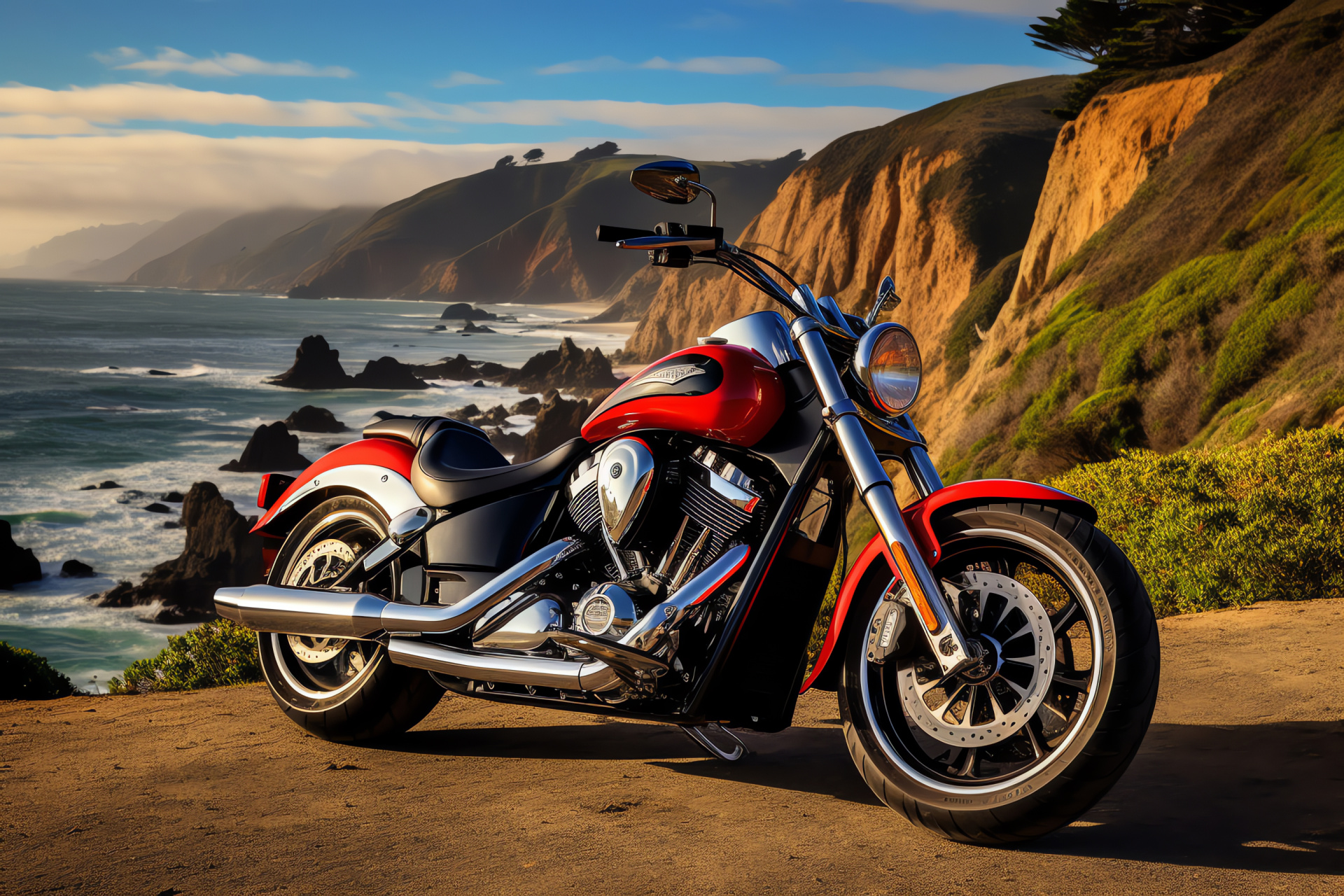 Victory Boardwalk Motorcycle, California roads, Coastal ride, Classic bike aesthetic, Scenic views, HD Desktop Image