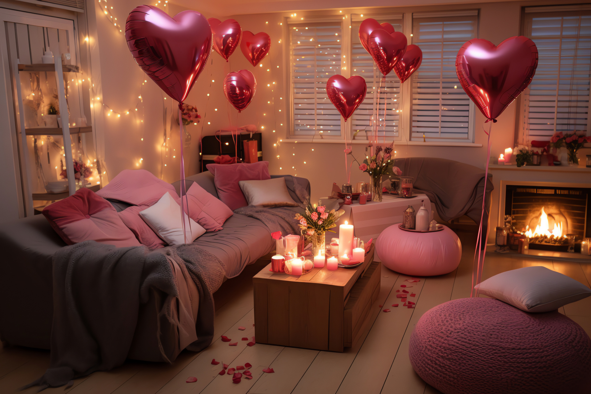 Saint Valentine's home celebration, heart-inflated adornments, colorful festooned surroundings, joyful romantic setting, Cupid's day welcome space, HD Desktop Image