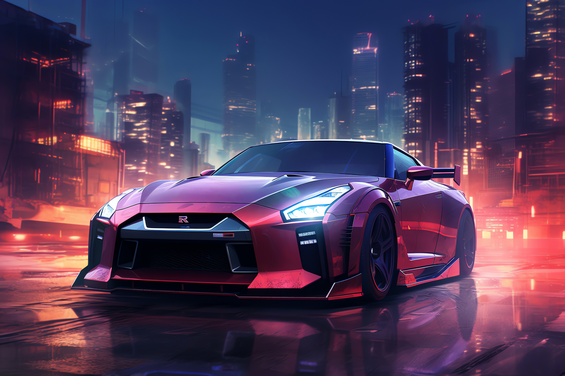 Nissan GT-R Nismo, cyberpunk metropolis, skyscraper level front view, vibrant city, cherry shade, HD Desktop Image