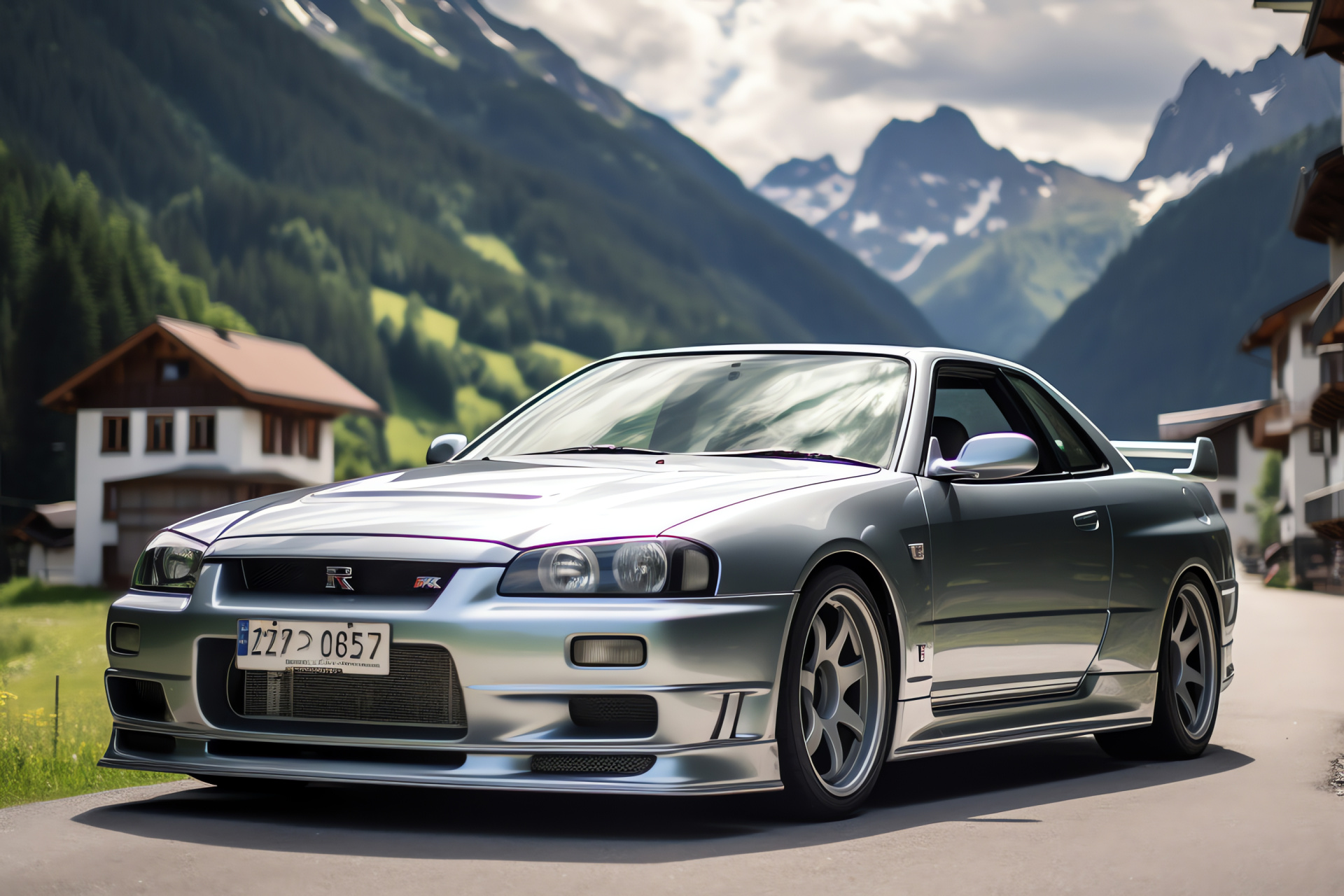 Nissan GTR, Alpine agility, Silver reflective beauty, Mountainous driving challenge, Automotive icon, HD Desktop Image
