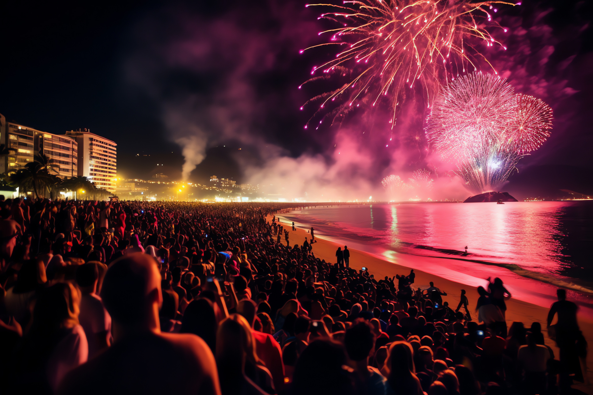 Copacabana Beach, Rio festivities, Samba rhythms, Spectacular fireworks, Brazilian celebration, HD Desktop Wallpaper