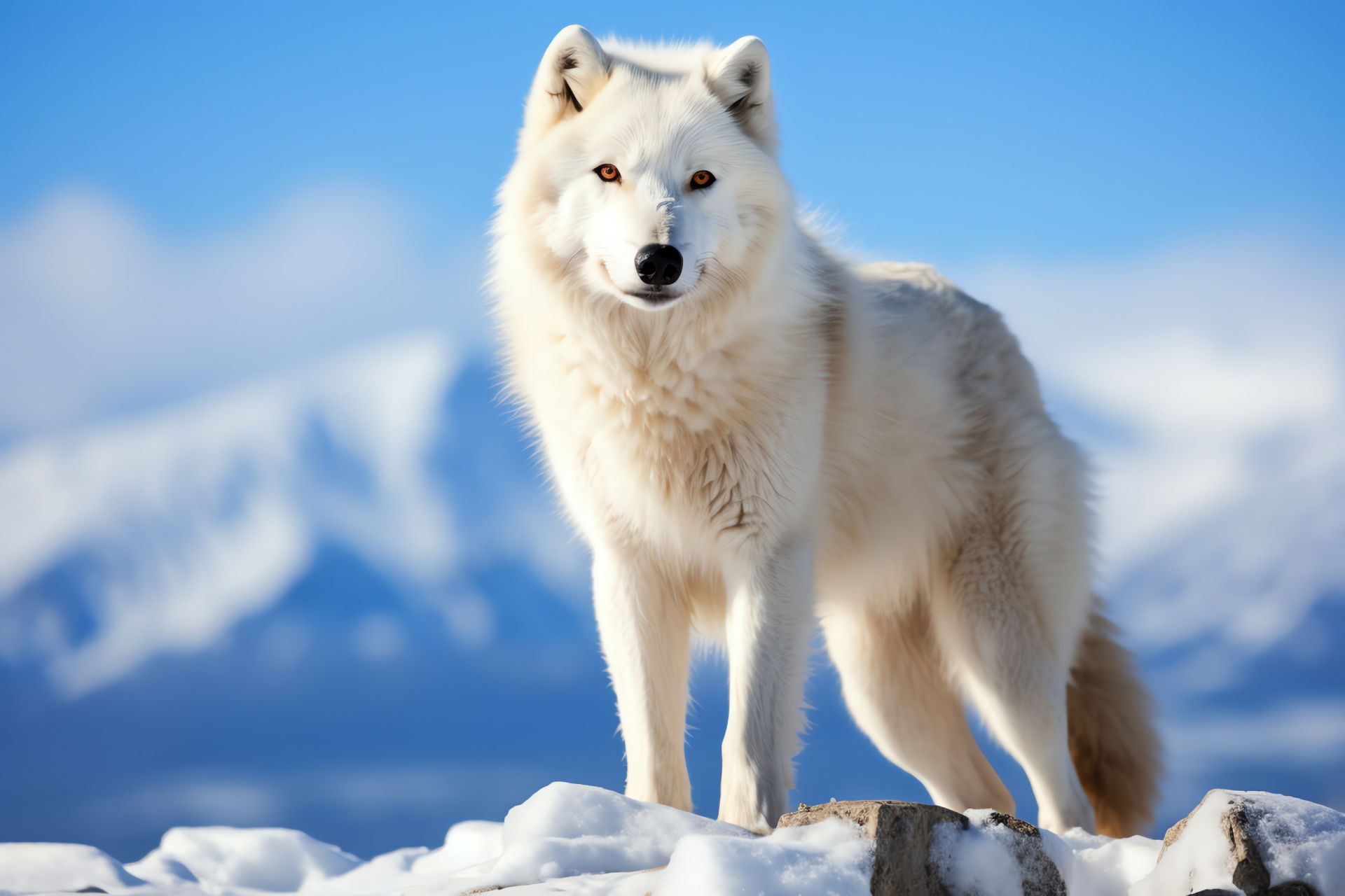 Arctic Wolf stance, Blue-eyed predator, Creamy fur detail, Cliffside habitat, Snowy domain, HD Desktop Image