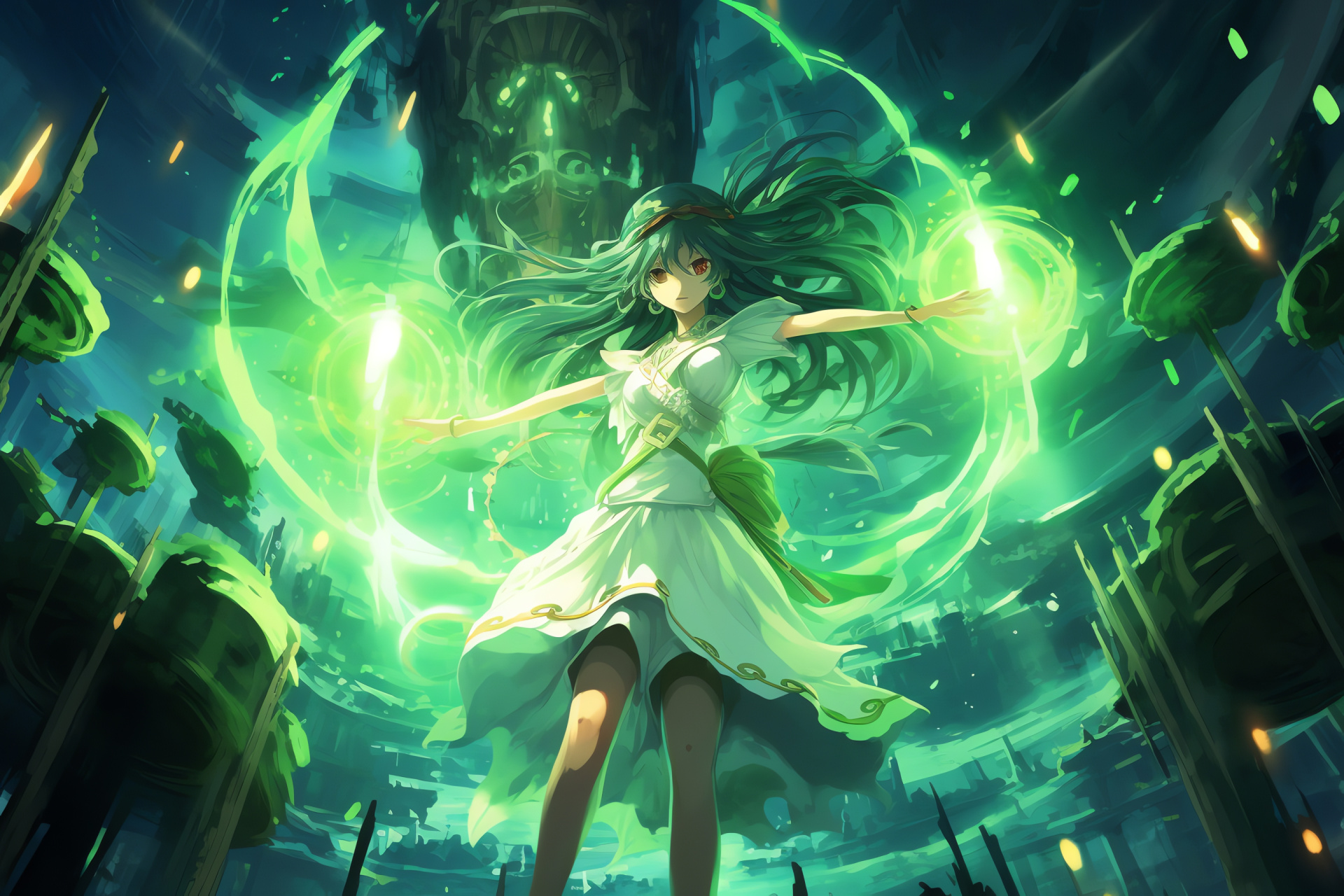 Touhou Sanae Kochiya, Ceremonial elegance, Mystical aura, Shrine ambiance, Sacred ensemble, HD Desktop Wallpaper