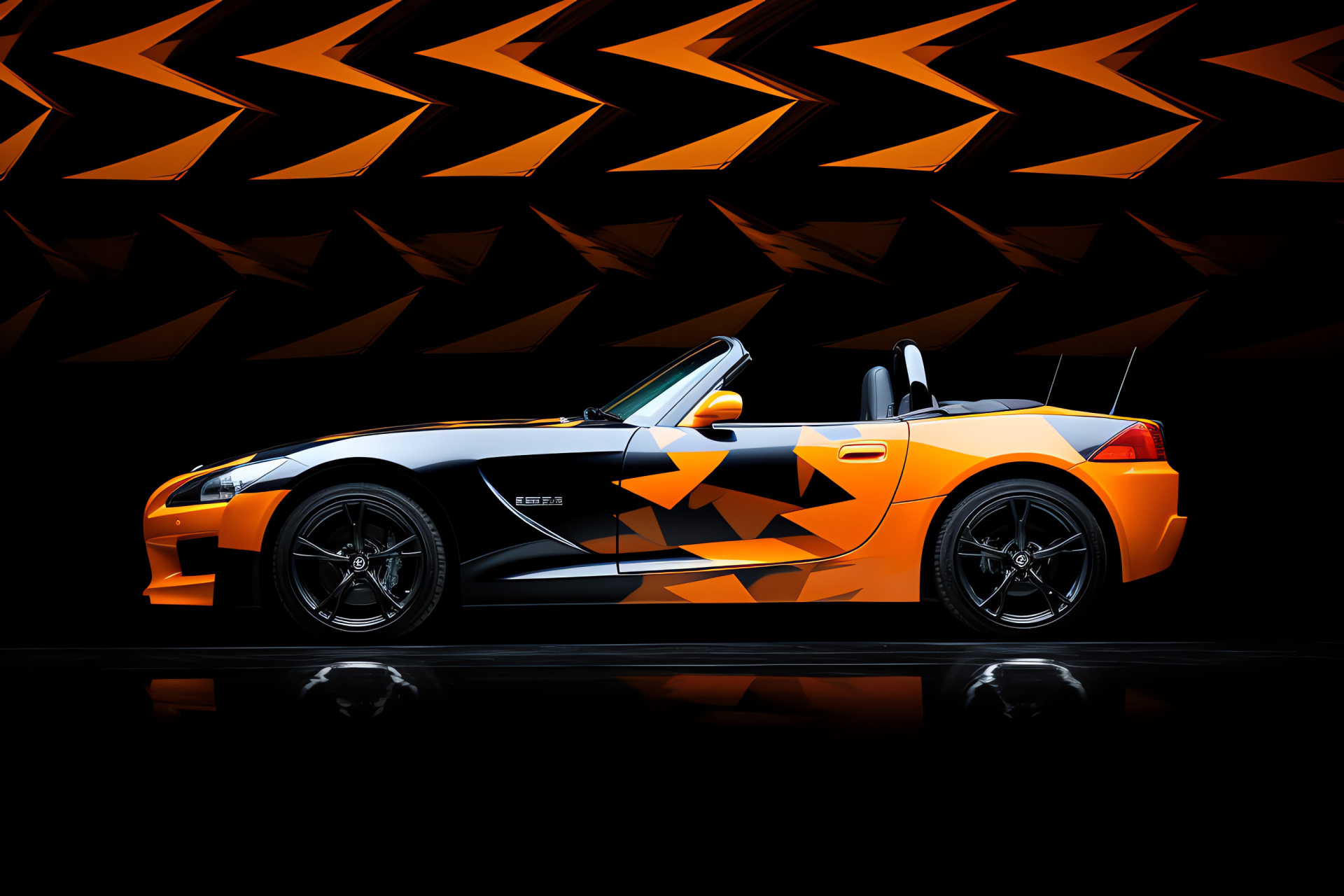 Honda S2000 Type V, Side perspective, Geometric pattern backdrop, Orange and black theme, Performance model, HD Desktop Wallpaper