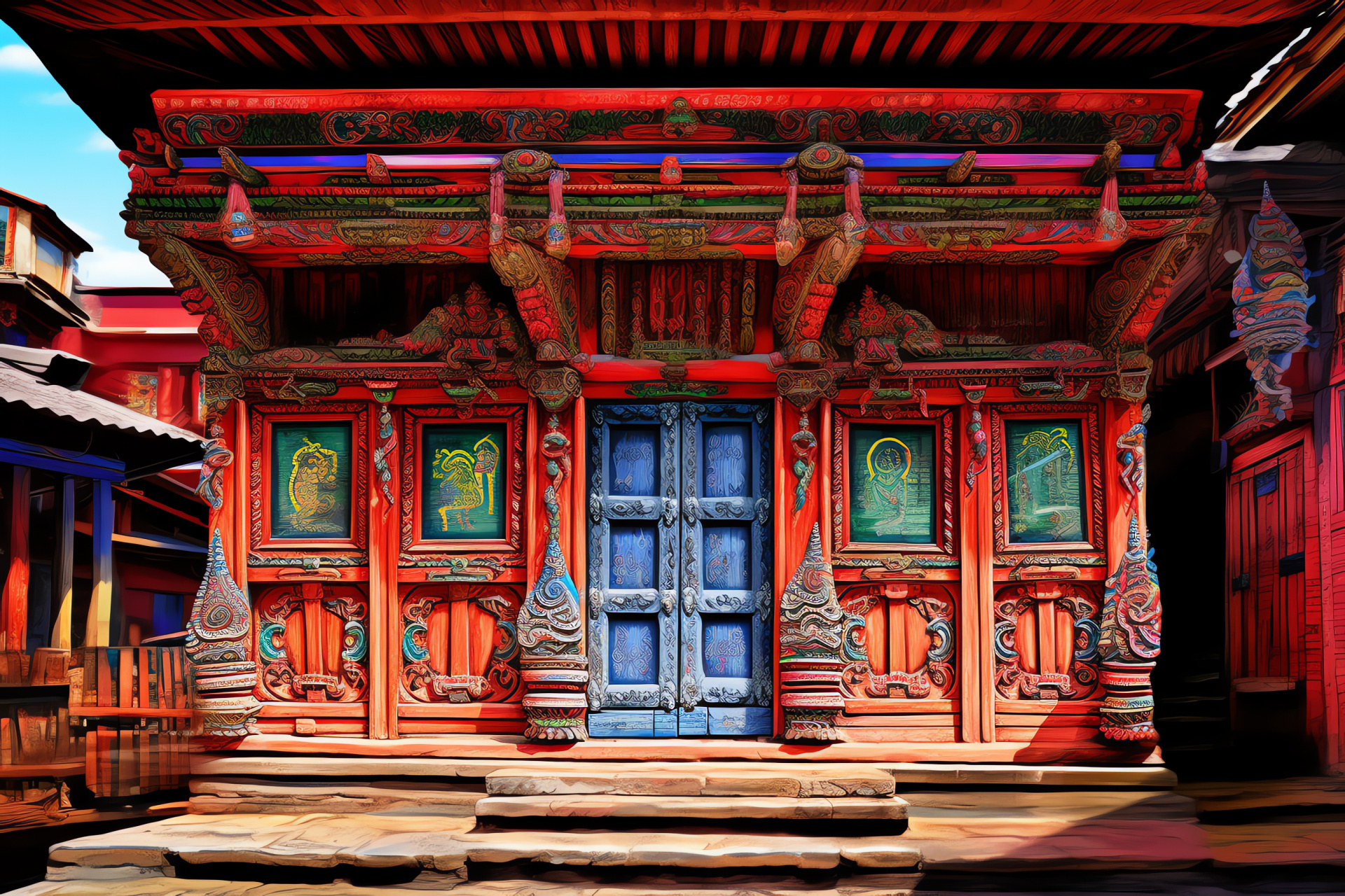Bandipur town, traditional Newari designs, architectural beauties, Nepalese heritage, vivid structural art, HD Desktop Image