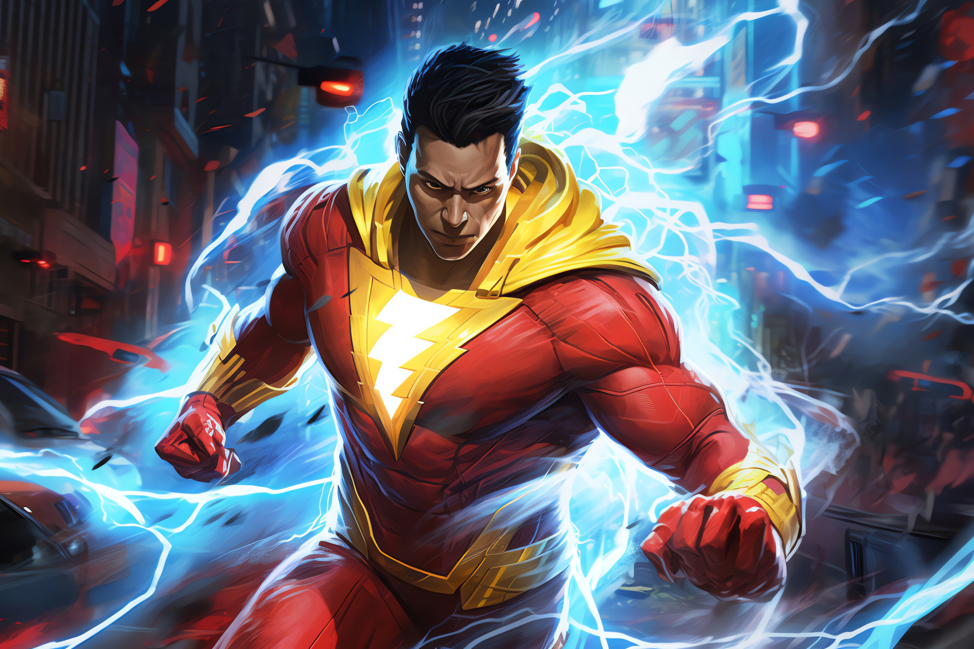 Superhero Shazam, critical moment, antagonist battle, electrically charged gloves, intimidating adversary, HD Desktop Wallpaper