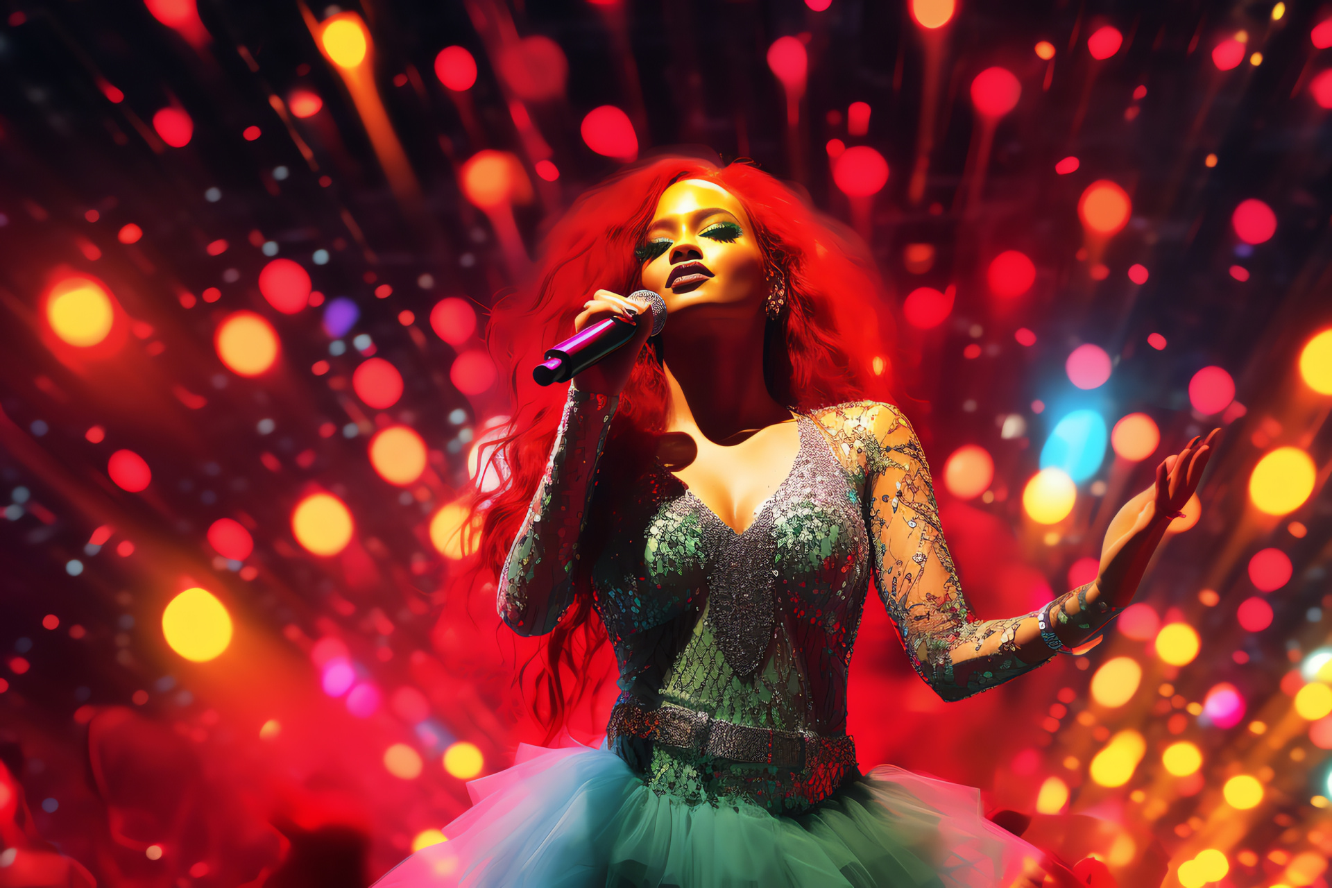 Rihanna stage moment, Shimmering costume, Multihued illumination, Fiery hair hue, Performing artist, HD Desktop Wallpaper