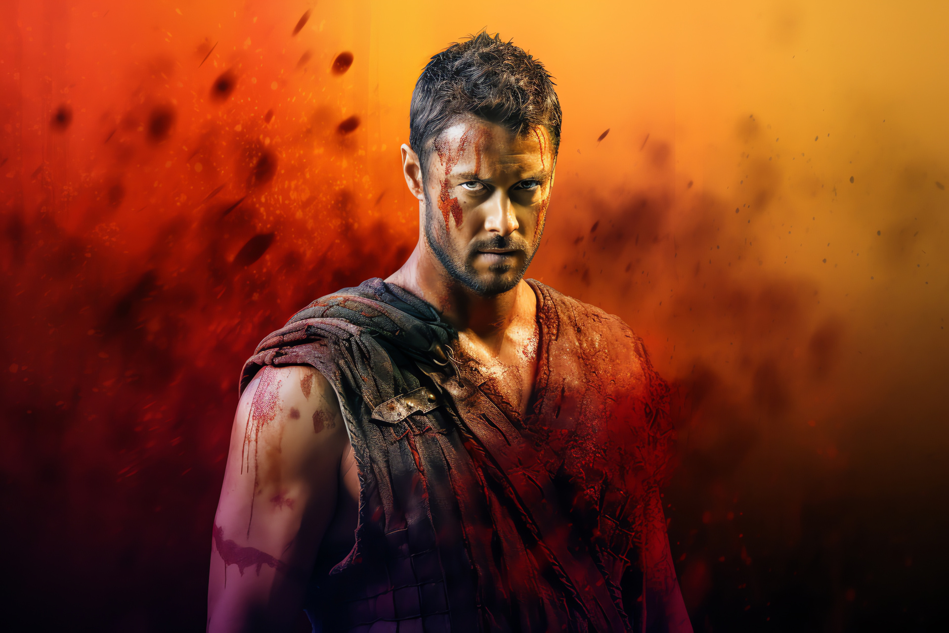 Agron warrior, Gladiator setting, Feuerriegel role, Fight stance, Spectral scene, HD Desktop Wallpaper