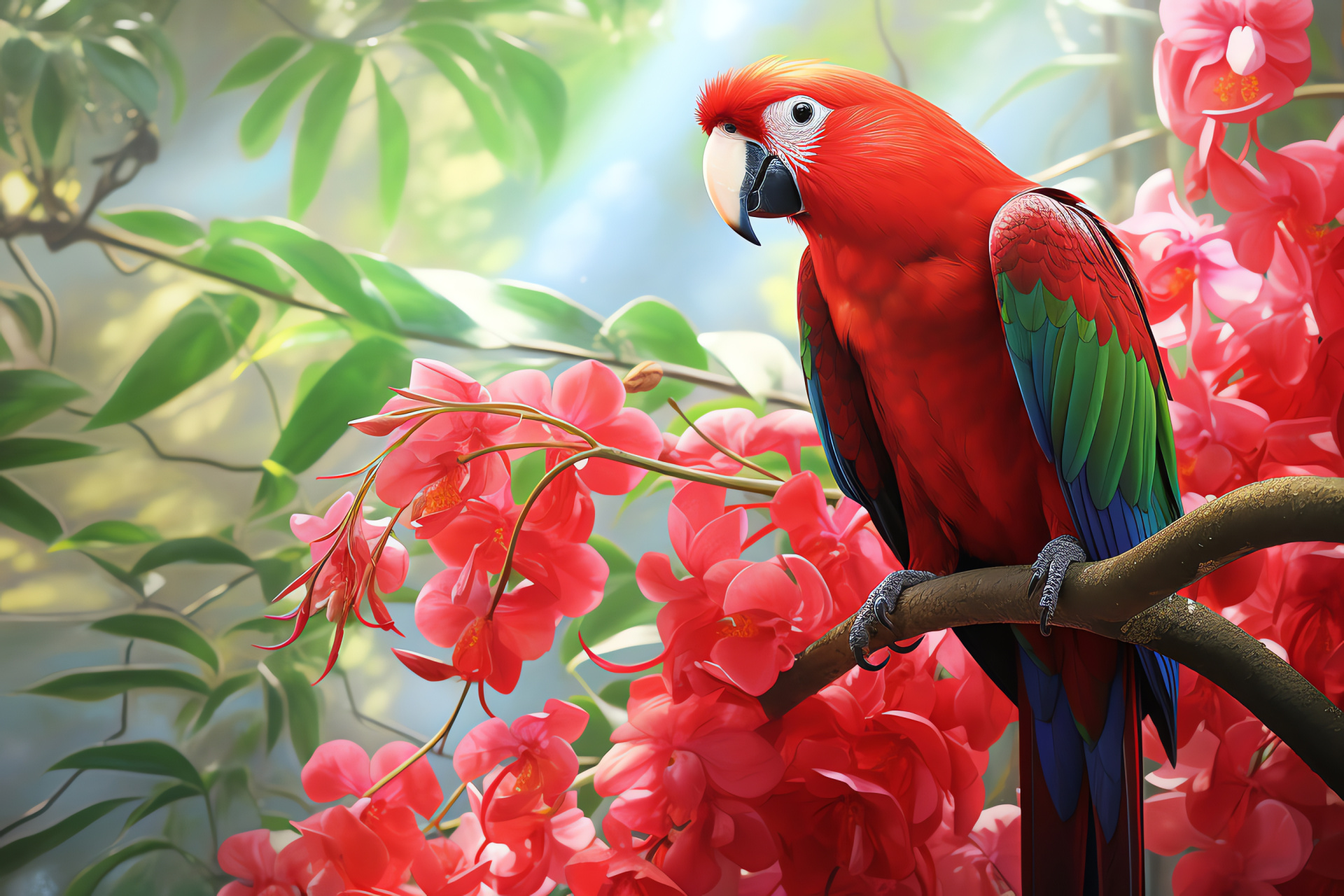 Eclectus parrot, Aviary lush, Red bird plumage, Green feather contrast, Florals vibrant, HD Desktop Wallpaper