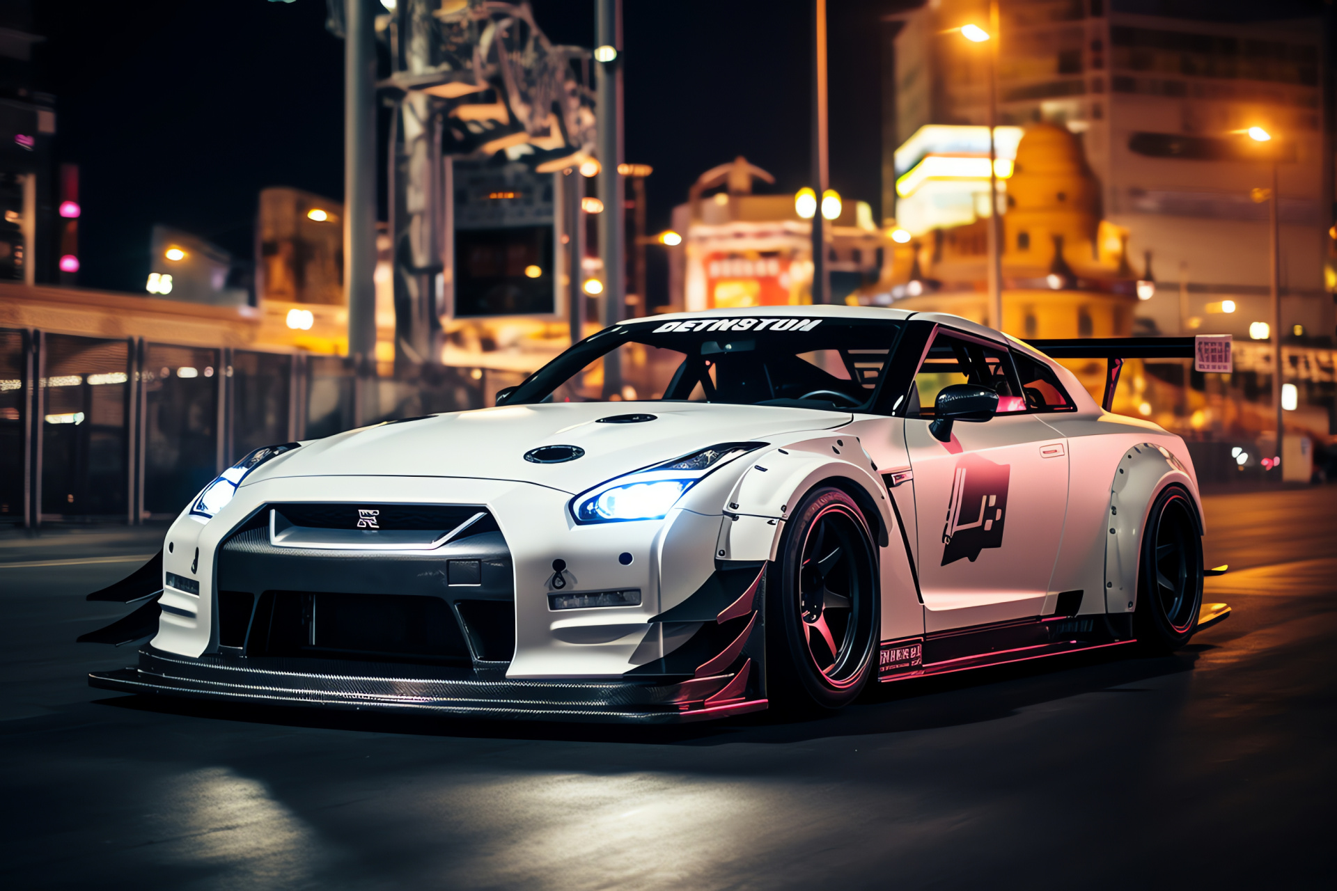 Nissan GTR Liberty Walk in Vegas, Illuminated Strip journey, Casino lined boulevards, Glitzy hotel marquees, Street performance, HD Desktop Image