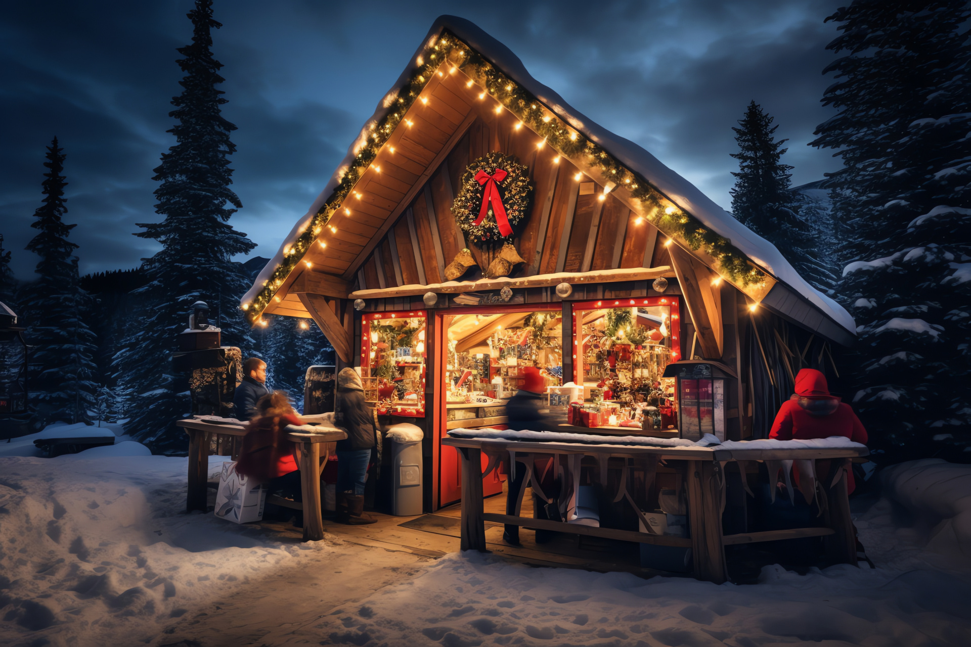 Remote mountain residence, frosty peak environment, evergreen flora, celebratory hangings, holiday loops, HD Desktop Image
