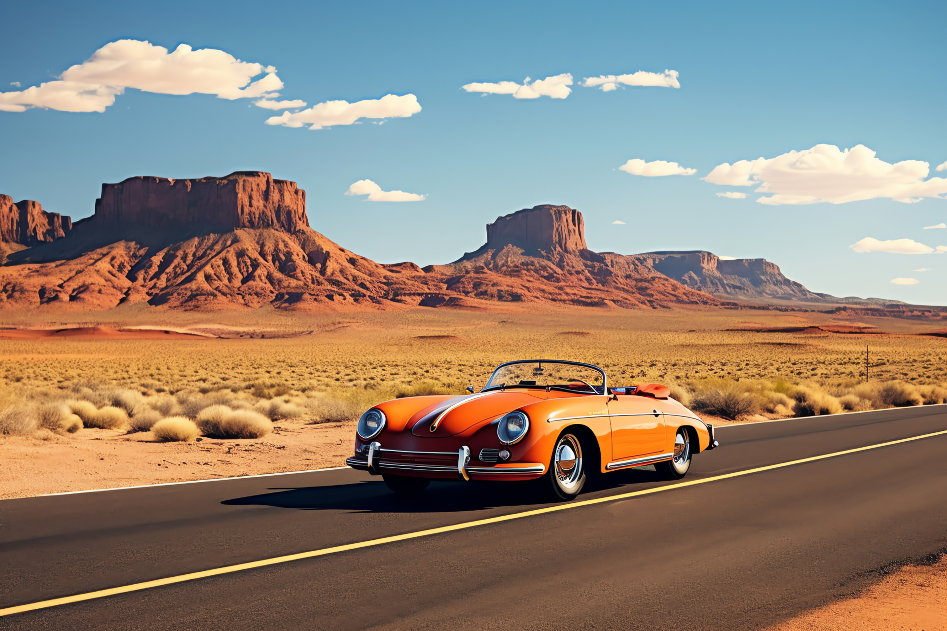 Porsche 356 Route 66, Iconic highway journey, Classic Speedster, Nostalgic road trip, Orange nostalgia, HD Desktop Image