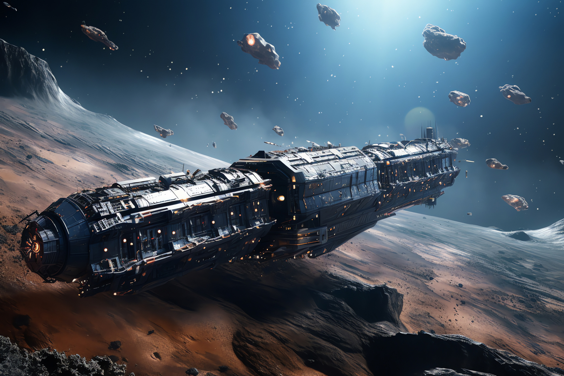 Merchant space vessel, Extraterrestrial expanses, Cargo transporter, Aged facade, Scars of travel, HD Desktop Image