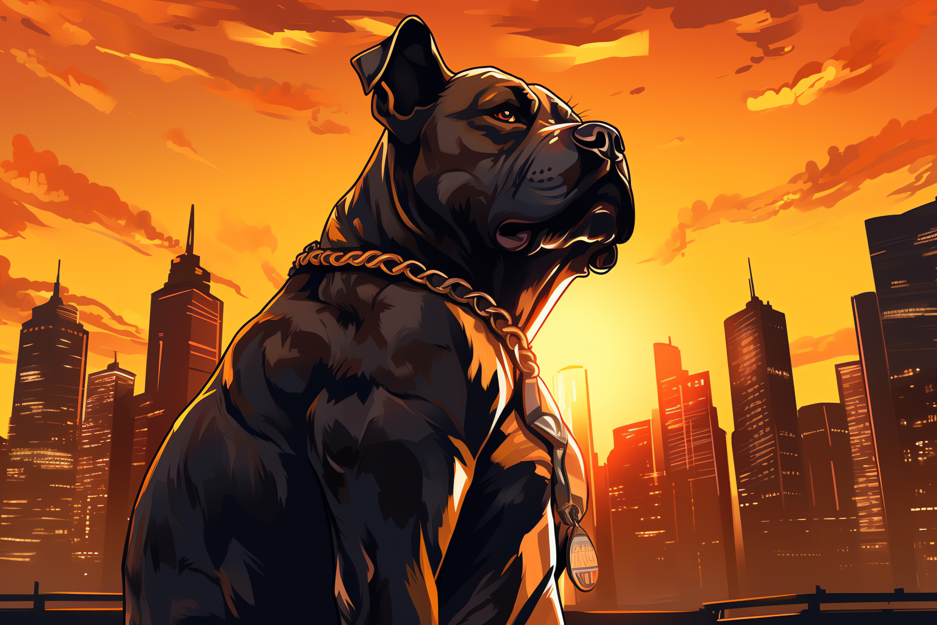 Golden hues Pitbull, Urban canine, Dynamic pet, Animal silhouette, City atmosphere, HD Desktop Wallpaper