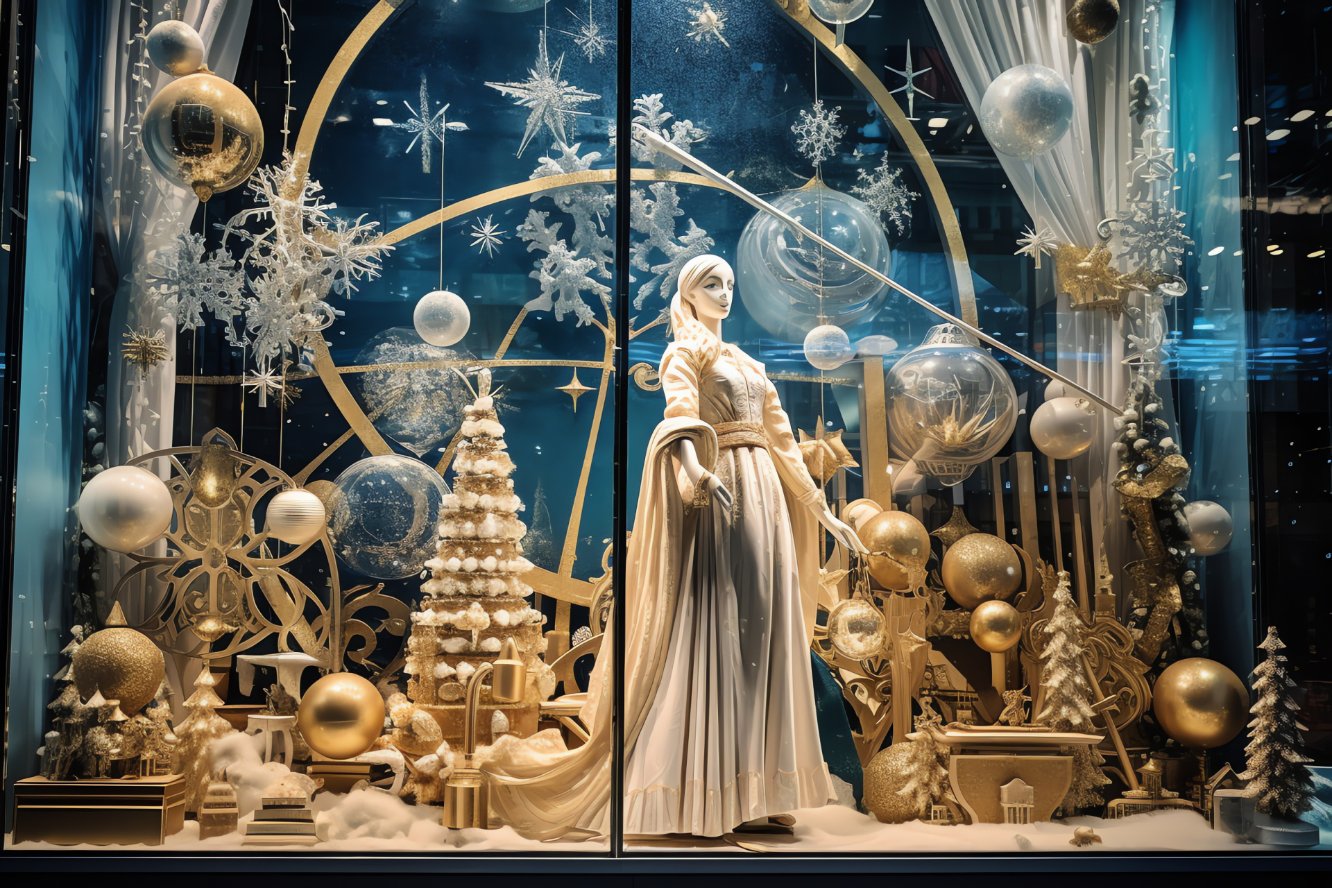Fifth Avenue holiday, storied department fronts, festive window art, iconic Christmas themes, HD Desktop Wallpaper
