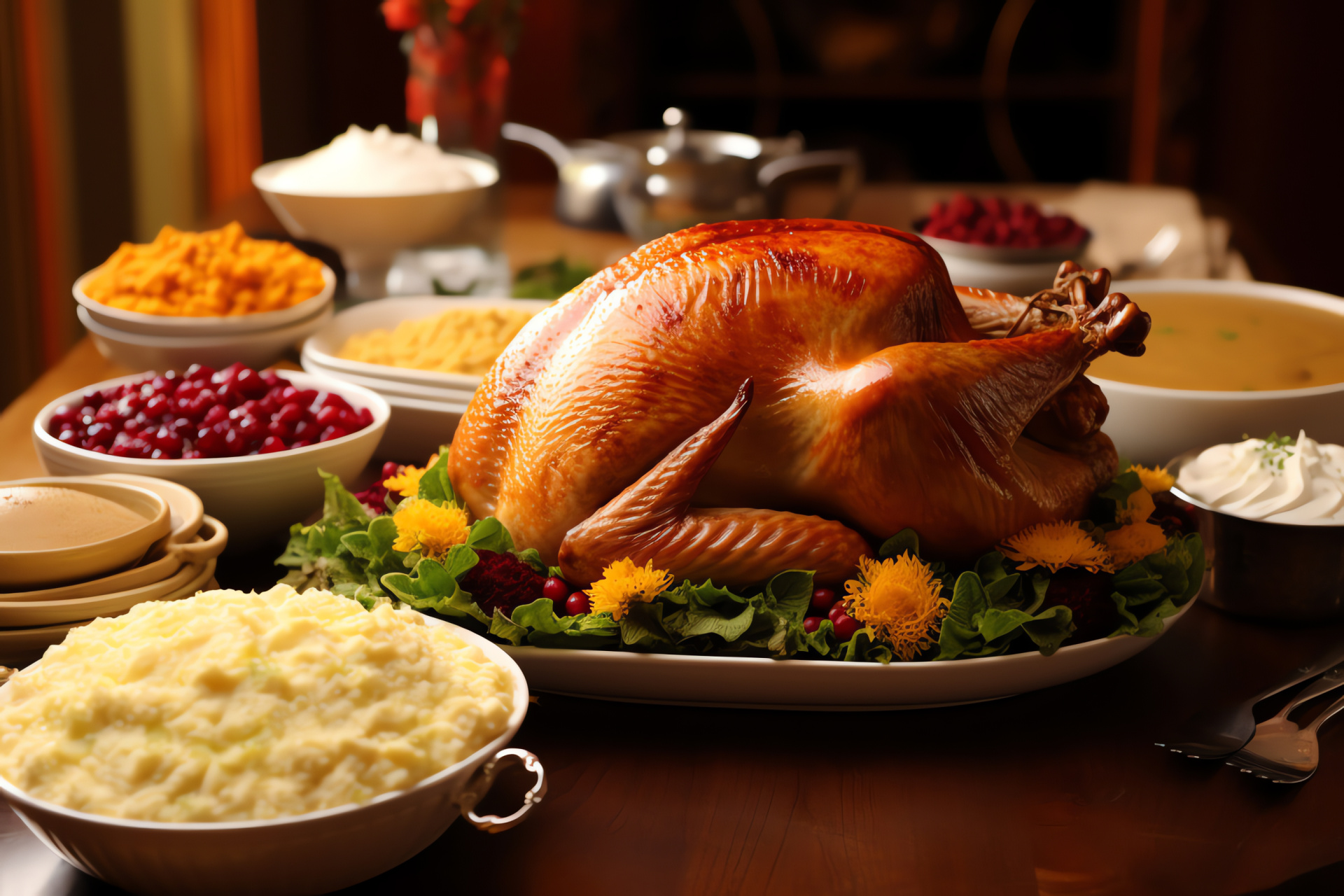 Thanksgiving meal depiction, HD festive banquet, Gourmet turkey centerpiece, Fluffy potatoes, Glistening berry condiment, HD Desktop Wallpaper