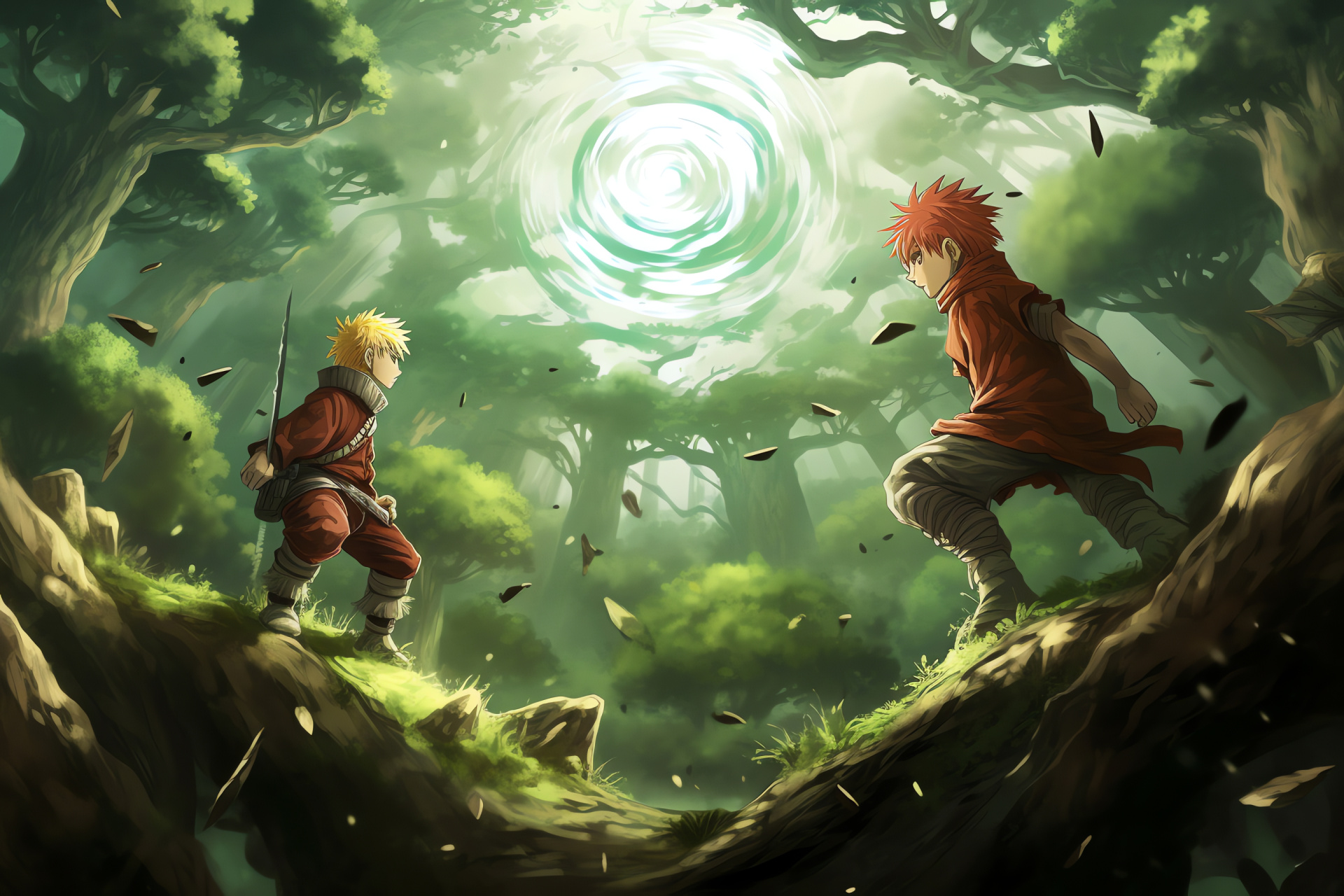 Anime protagonists, Naruto and Gaara, sylvan landscape, aerial combat, fluid movement, HD Desktop Wallpaper