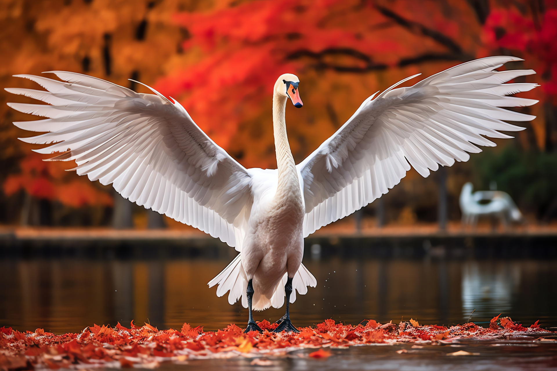 Noble swan spread, regal bird in fall, radiant foliage backdrop, serene water inhabitant, grace of autumnal waters, HD Desktop Wallpaper