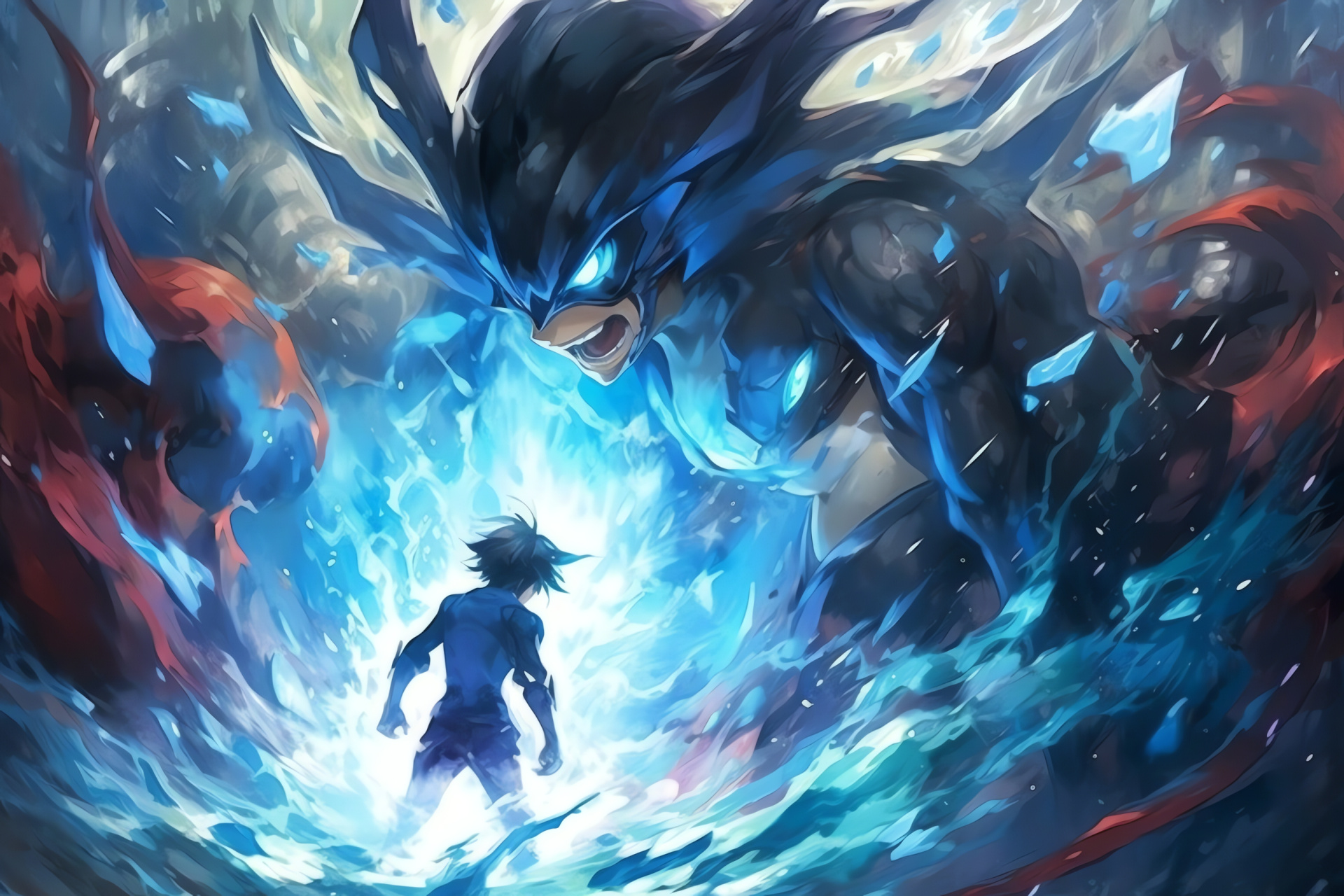Ash and Greninja, Ash-Greninja form, Battle Bond, Ninja Pokemon, Aerial maneuvers, HD Desktop Wallpaper