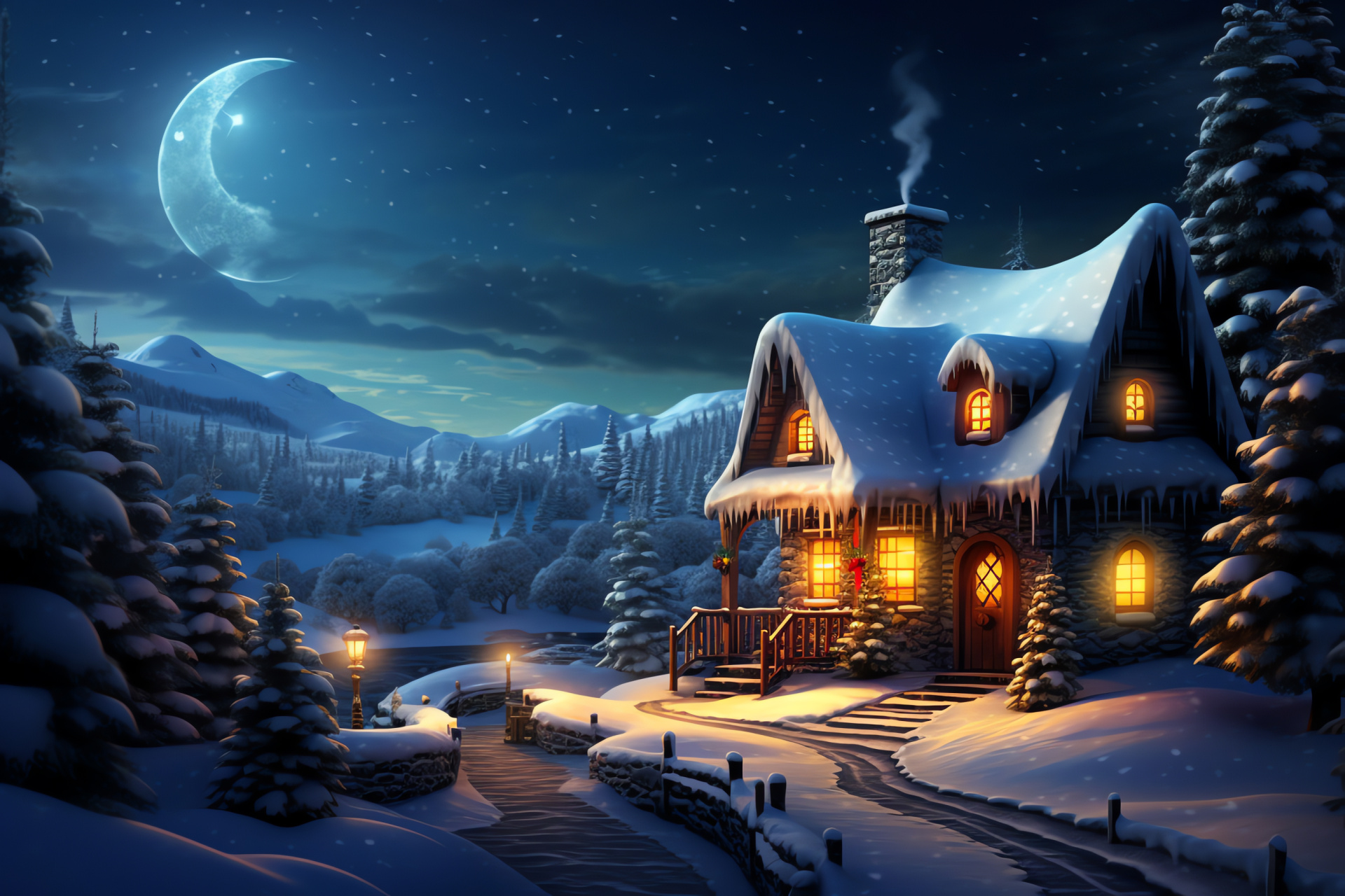 Idyllic snowy ambience, moonlit Yule night, peaceful winter scenery, crisp seasonal climate, nighttime stillness, HD Desktop Image