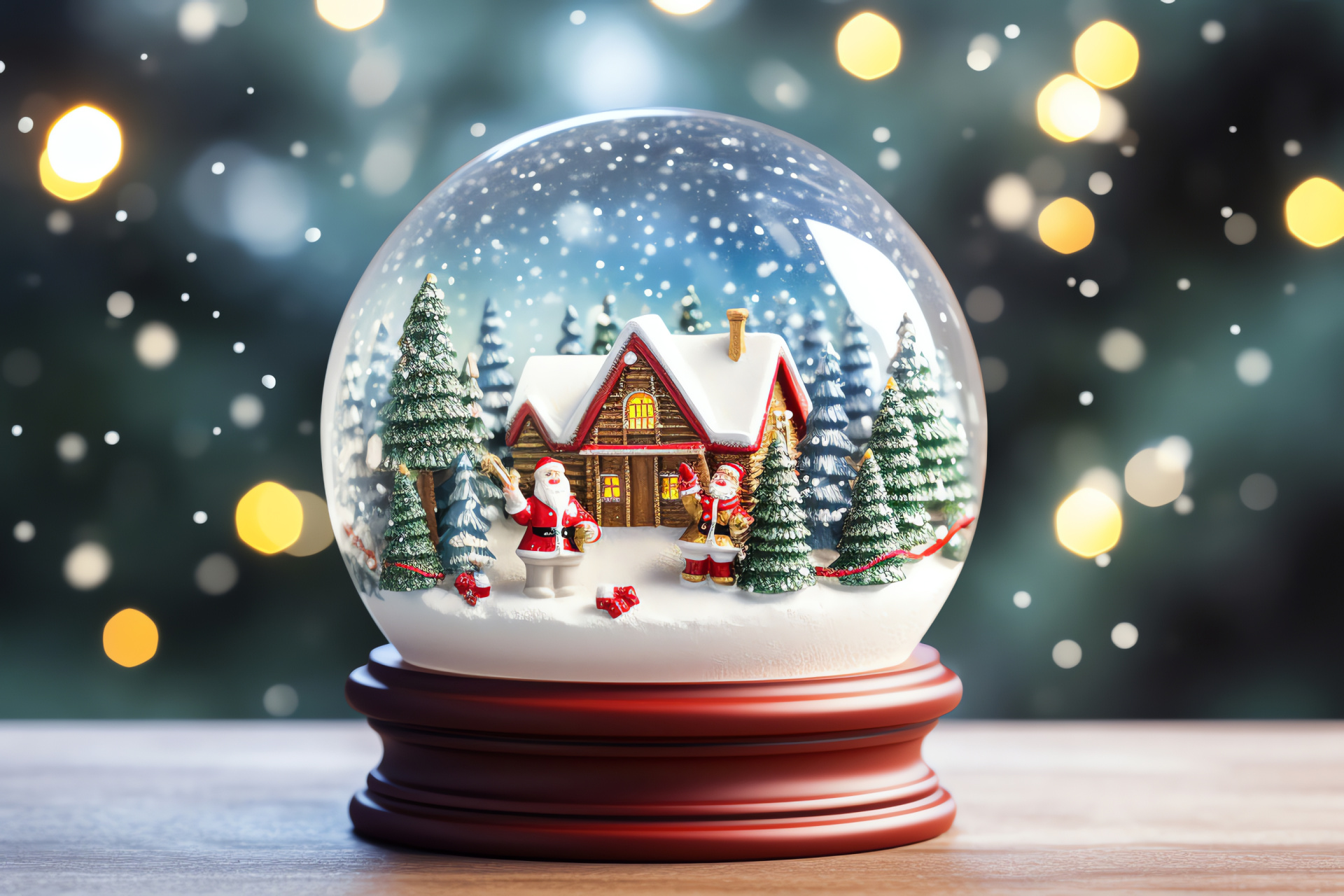 Serene snow park, festive fantasy land, ornamental sphere, mythical Santa figure, flying sled, HD Desktop Wallpaper