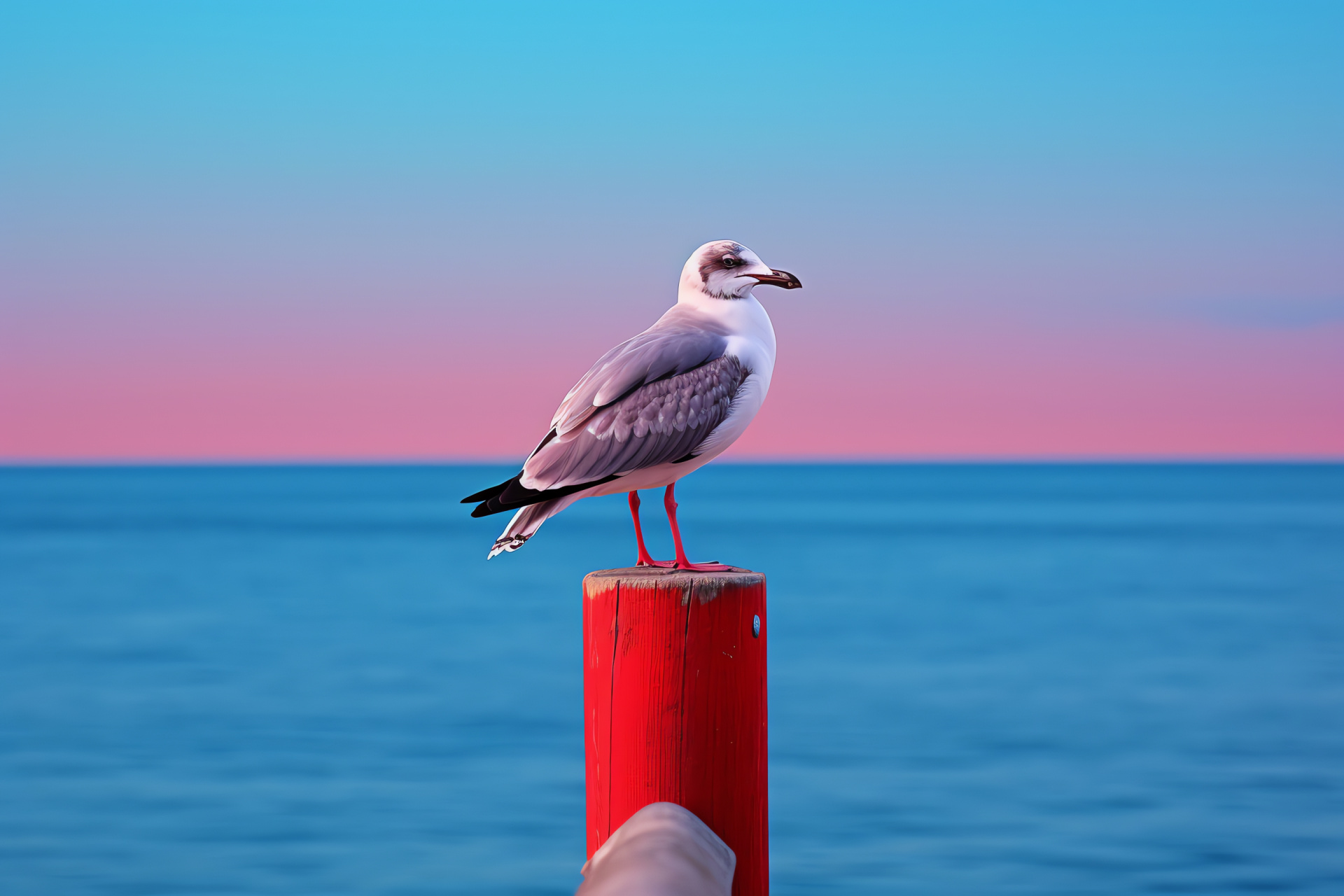 Seagull, Pier avian, Aquatic bird, Red backdrop, Nautical theme, HD Desktop Wallpaper